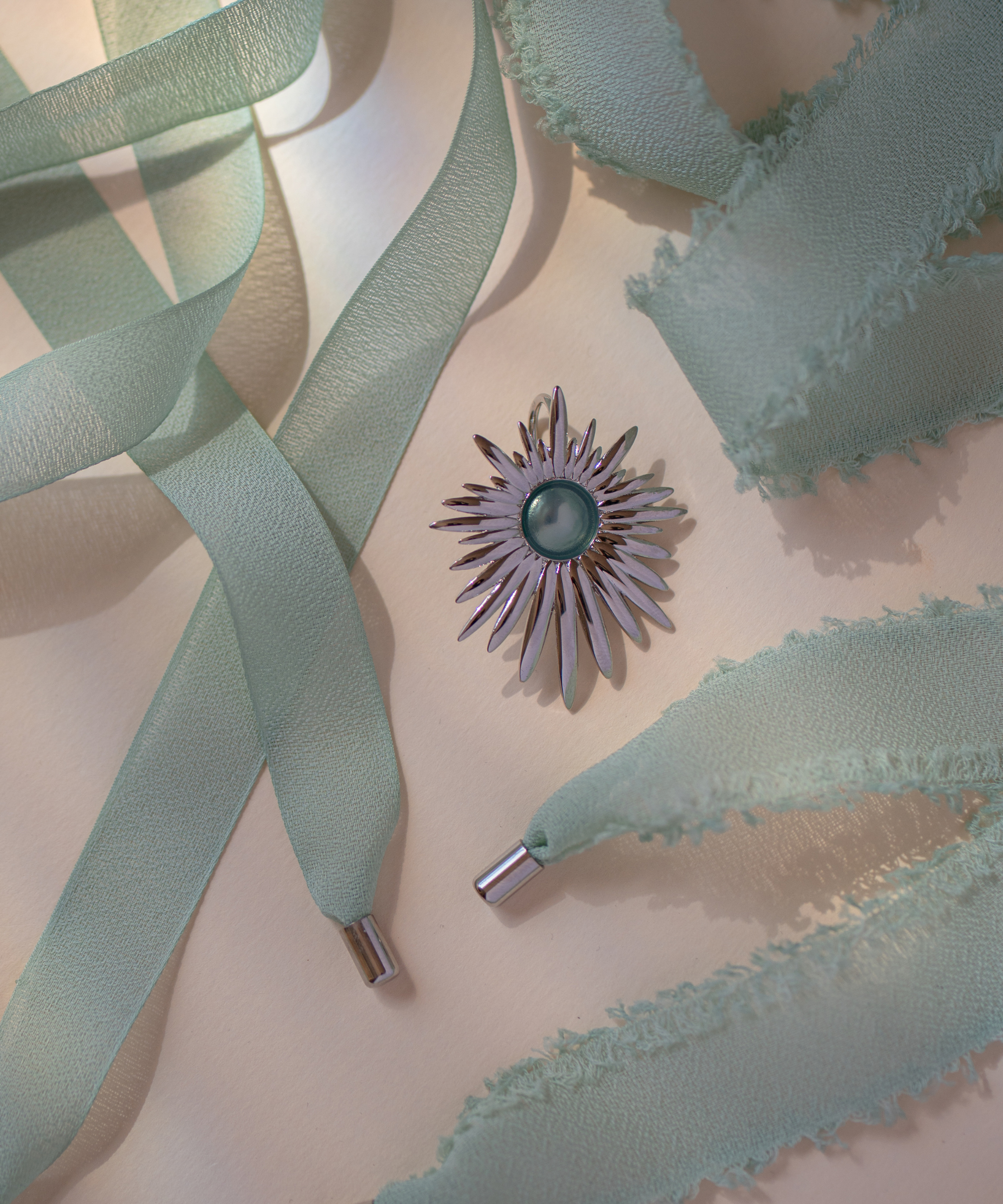 Collana Aura Verde Acqua con doppio nastro - Silver