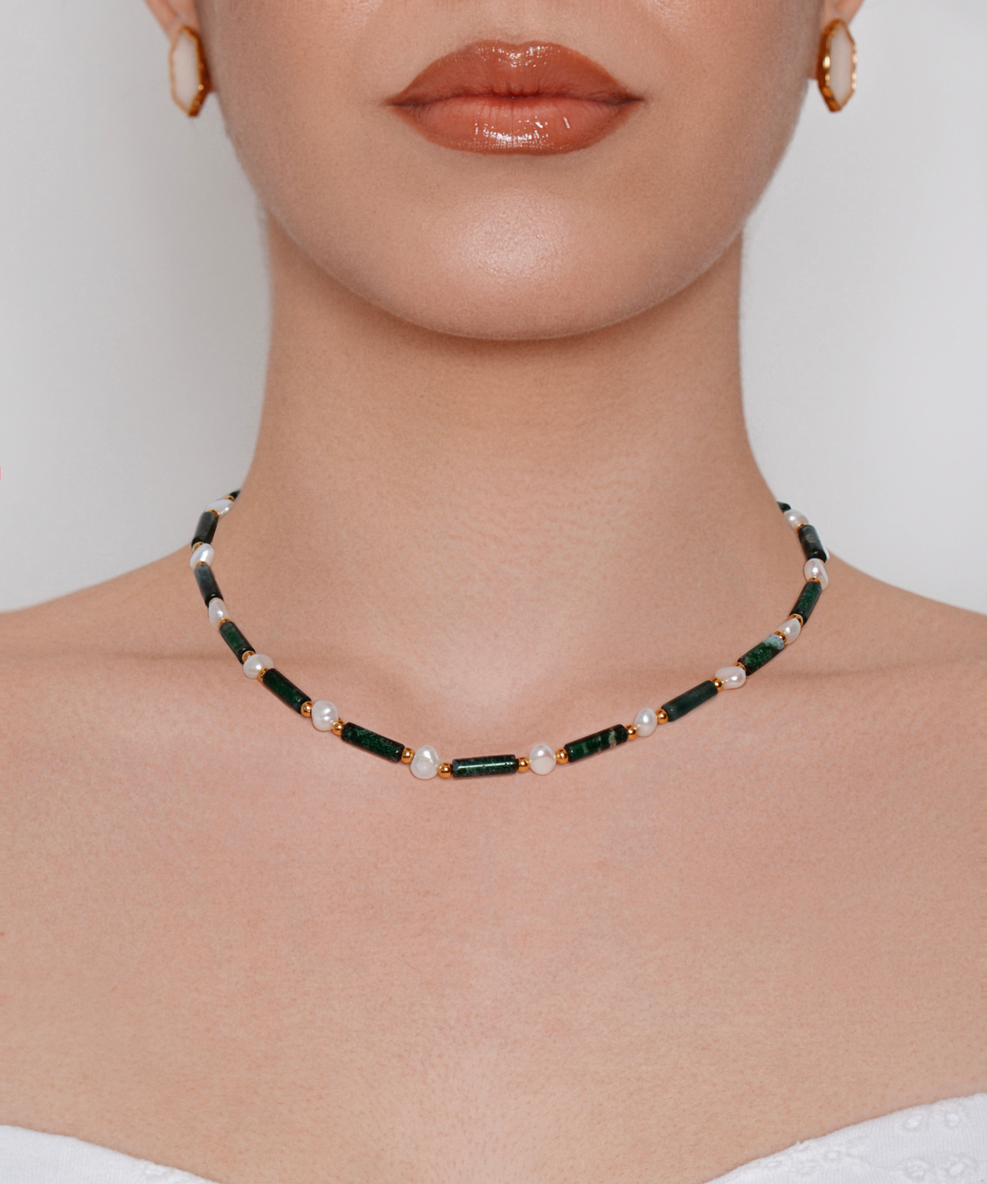 Girocollo Barrette Agata Muschiata Verde - Gold
