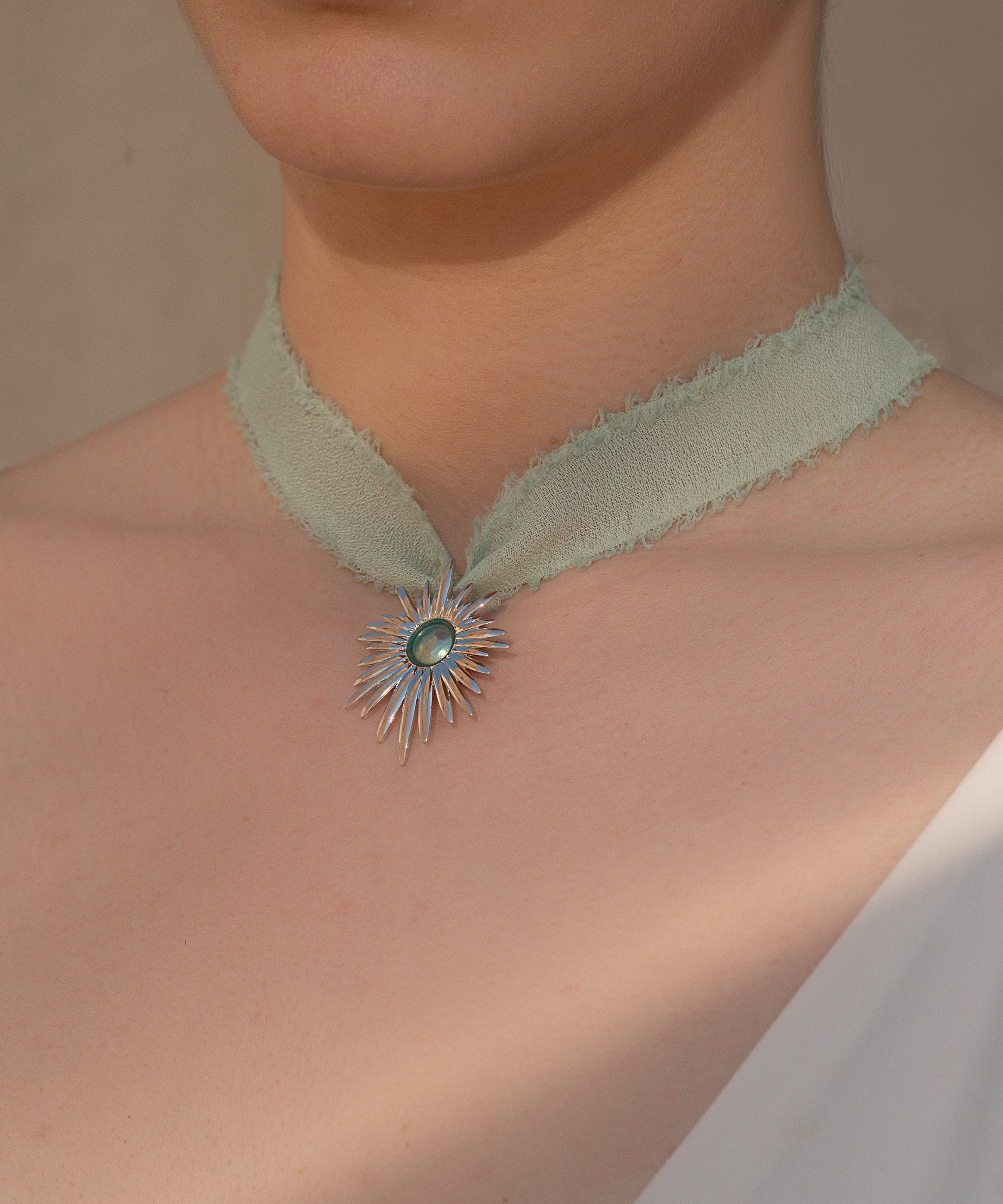 Collana Aura Verde Acqua con doppio nastro - Silver