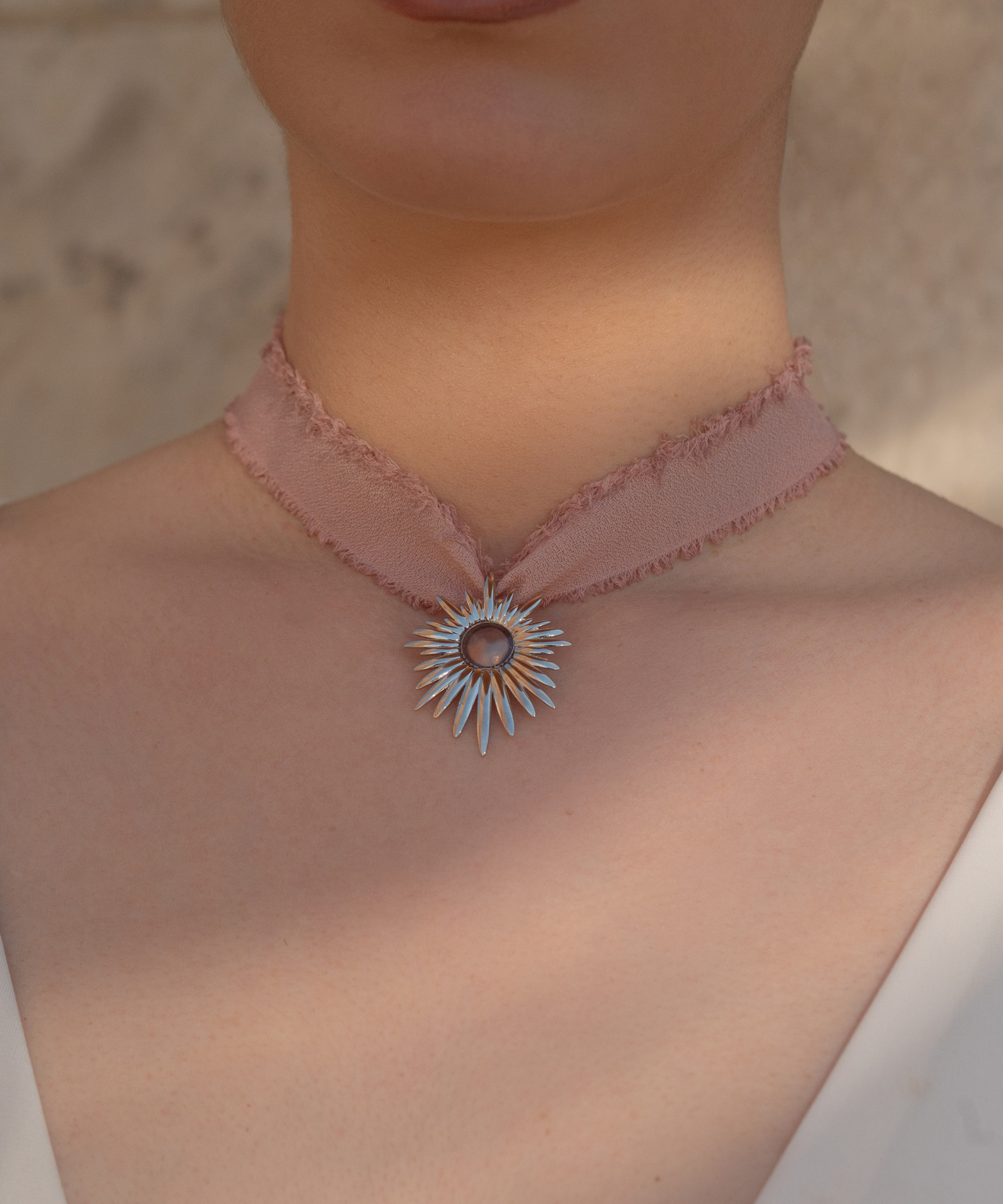 Collana Aura Rosa Antico con doppio nastro - Silver